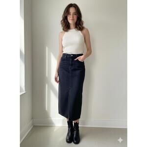 DAZY - Black Denim Maxi Skirt with Front Slit - Size Large (Fits S/M)